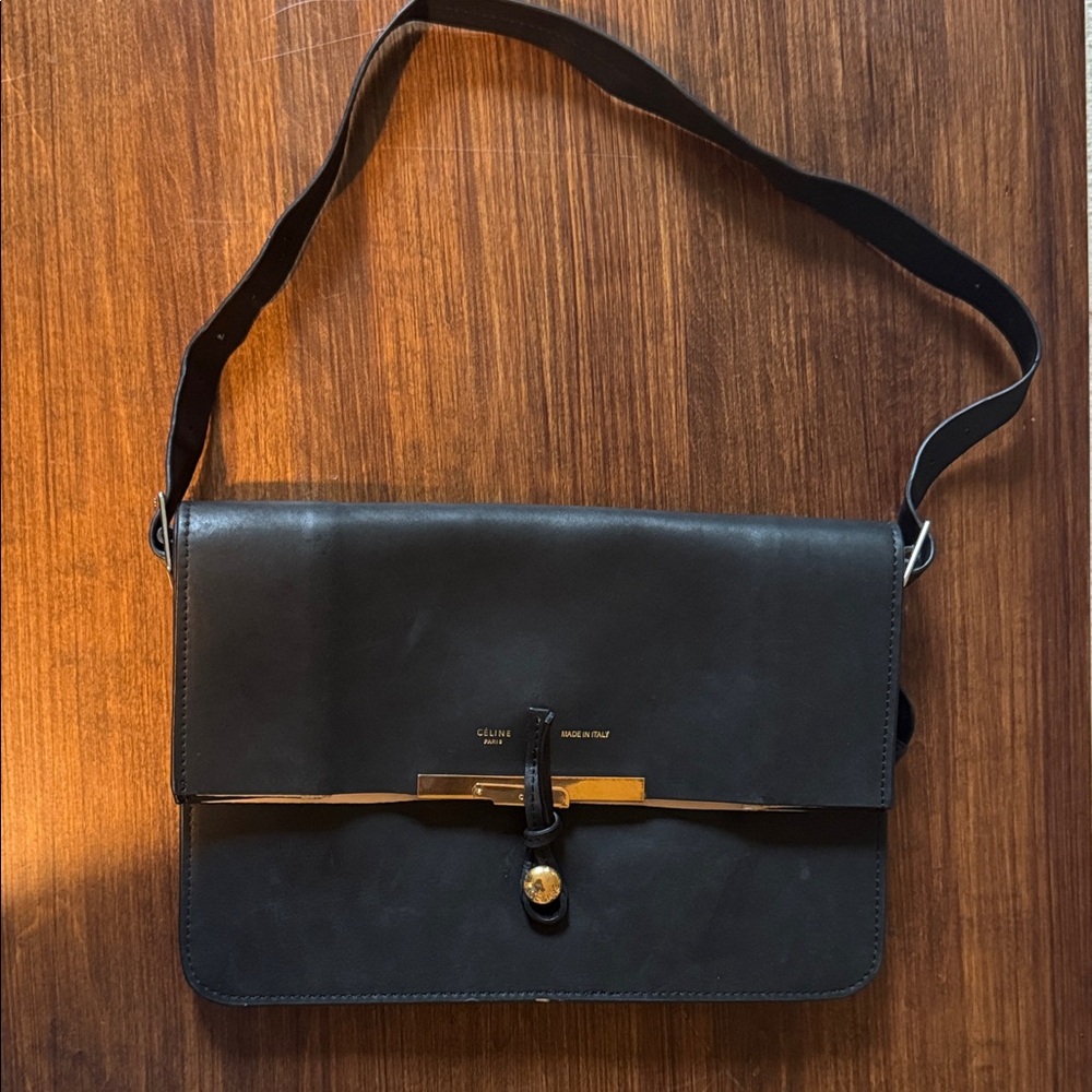 Celine Black Shoulder Bag with Gold Accents